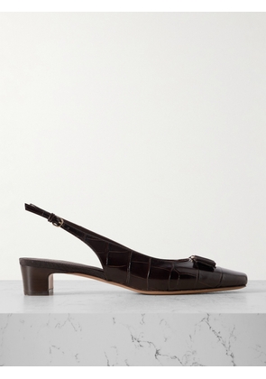 Ferragamo - Rivada Bow-embellished Croc-effect Leather Sling-back Pumps - Brown - US6,US6.5,US7,US7.5,US8,US8.5,US9,US9.5,US10,US10.5,US11