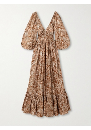 Dima Ayad - Gathered Embroidered Satin Maxi Dress - Brown - XS,S,M,L,XL,XXL,XXXL,XXXXL