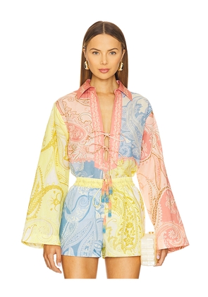 HEMANT AND NANDITA Drop Shoulder Collared Tunic in Blue,Yellow. Size L. Also in S, XL, XS.