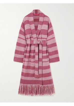 The Elder Statesman - Subway Belted Fringed Striped Cashmere Cardigan - Pink - x small,small,medium,large