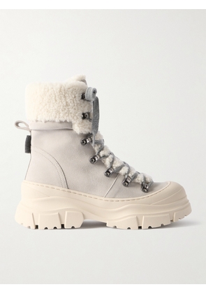 Brunello Cucinelli - Bead-embellished Shearling-lined Suede Ankle Boots - Cream - IT36,IT37,IT37.5,IT38,IT38.5,IT39,IT39.5,IT40,IT40.5,IT41