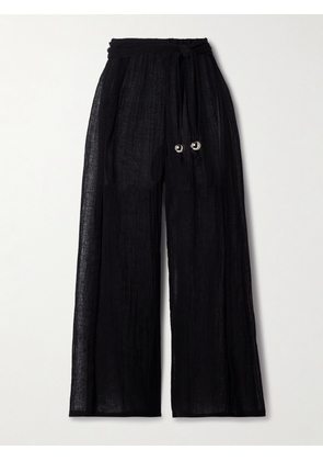 Lisa Marie Fernandez - Embellished Belted Crinkled Linen-blend Gauze Wide-leg Pants - Black - 1,2,3,4