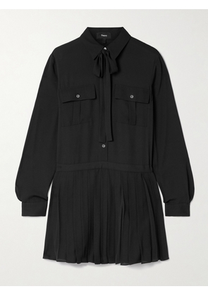 Theory - Tie-neck Pleated Crepe De Chine Mini Dress - Black - x small,small,medium,large,x large