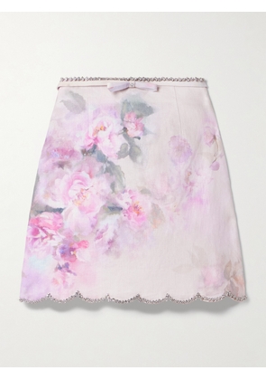 Zimmermann - Crush Crystal-embellished Floral-print Linen Mini Skirt - Pink - 00,1,2,3,4