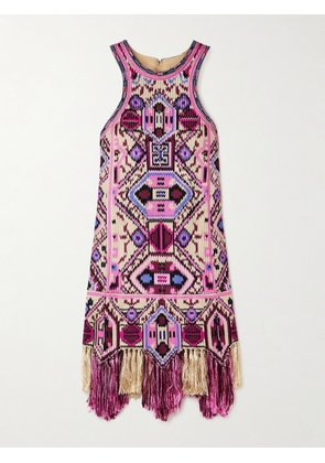Isabel Marant - Yasmine Fringed Embellished Embroidered Silk Mini Dress - Pink - FR 34,FR 36,FR 38,FR 40,FR 42