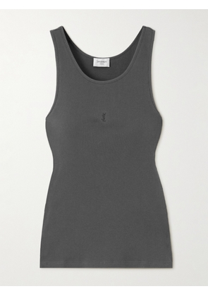 SAINT LAURENT - Cassandre Embroidered Ribbed Cotton-jersey Tank - Gray - XS,S,M,L,XL