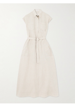 Brunello Cucinelli - Belted Bead-embellished Linen Midi Dress - Neutrals - xx small,x small,small,medium,large,x large