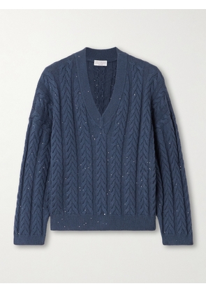 Brunello Cucinelli - Sequin-embellished Cable-knit Cotton-blend Sweater - Blue - xx small,x small,medium,large,x large