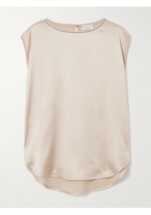 Brunello Cucinelli - Bead-embellished Silk-blend Satin Top - Neutrals - xx small,x small,small,medium,large,x large,xx large