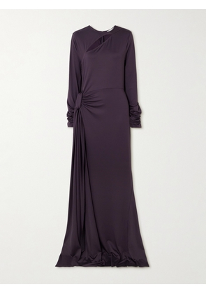 Victoria Beckham - Tie-detailed Gathered Cut-out Stretch-jersey Gown - Purple - UK 4,UK 6,UK 8,UK 10,UK 12,UK 14,UK 16