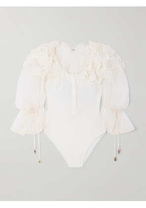Chloé - Embellished Lace-trimmed Cotton Bodysuit - White - FR 34,FR 36,FR 38,FR 40,FR 42,FR 44