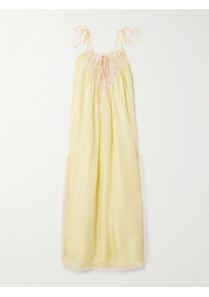 Chloé - Gathered Lace-trimmed Silk-habotai Midi Dress - Yellow - FR 36,FR 38,FR 40,FR 44,FR 46