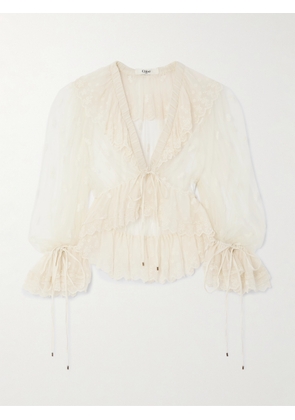 Chloé - Cropped Ruffled Embroidered Mesh Blouse - White - FR 34,FR 36,FR 38,FR 40,FR 42,FR 44,FR 46