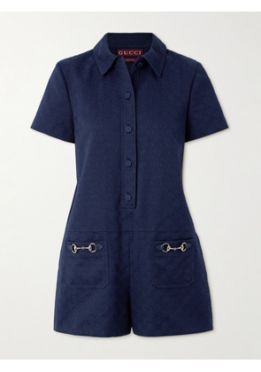 Gucci - Embellished Leather-trimmed Canvas-jacquard Playsuit - Blue - IT38,IT40,IT42,IT44,IT46