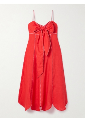 Farm Rio - Bow-embellished Scalloped Linen Midi Dress - Red - xx small,x small,small,medium,large,x large