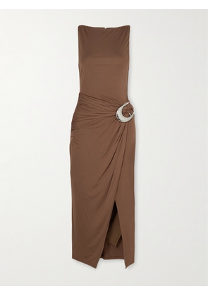 STAUD - Talia Buckled Ruched Jersey Midi Dress - Brown - x small,small,medium,large,x large