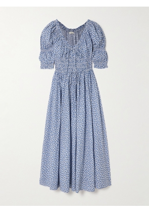 DÔEN - Ischia Shirred Floral-print Organic Cotton-voile Midi Dress - Blue - xx small,x small,small,medium,large,x large,xx large