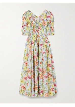 DÔEN - Ischia Shirred Floral-print Cotton-voile Midi Dress - Yellow - xx small,x small,small,medium,large,x large,xx large