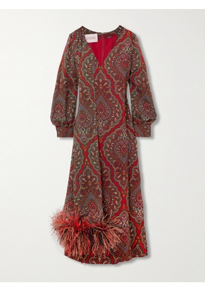 Valentino Garavani - Feather-trimmed Scarf-detailed Paisley-print Silk-crepe Midi Dress - Red - IT38,IT40,IT42,IT44,IT46