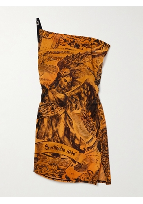 Acne Studios - Off-the-shoulder Ruched Printed Stretch-mesh Mini Dress - Orange - EU 32,EU 34,EU 36,EU 38,EU 40,EU 42