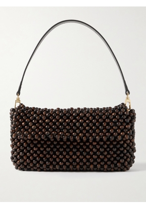 STAUD - Timmy Leather-trimmed Beaded Mesh Shoulder Bag - Brown - One size