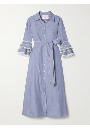 Carolina Herrera - Belted Guipure Lace-trimmed Striped Cotton-poplin Midi Shirt Dress - Blue - US0,US2,US4,US6,US8,US10,US12