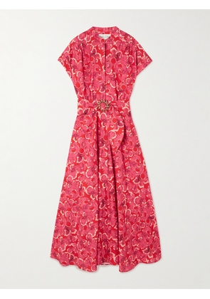 Saloni - Neesha Belted Floral-print Cotton-voile Midi Dress - Red - UK 4,UK 6,UK 8,UK 10,UK 12,UK 14,UK 16