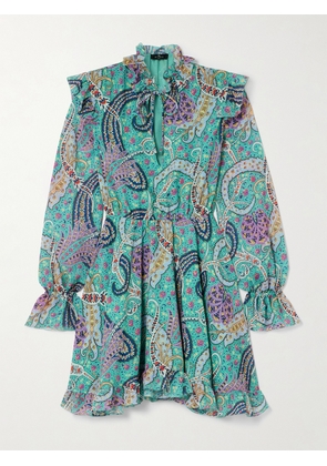Etro - Ruffled Paisley-print Voile-jacquard Mini Dress - Blue - IT36,IT38,IT40,IT42,IT44,IT46,IT48,IT50
