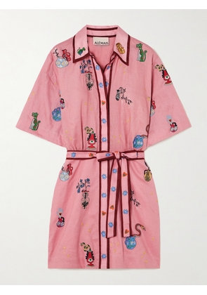 ALÉMAIS - + Nadia Hernandez Timmy Belted Embroidered Printed Linen Mini Shirt Dress - Pink - UK 6,UK 8,UK 10,UK 12,UK 14