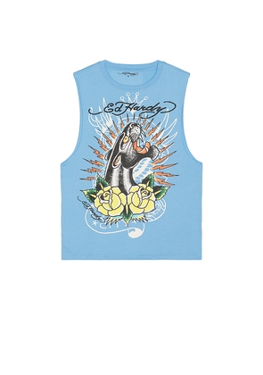 Ed Hardy Panther Roses Cutoff Tee in Baby Blue. Size L. Also in XL/1X.