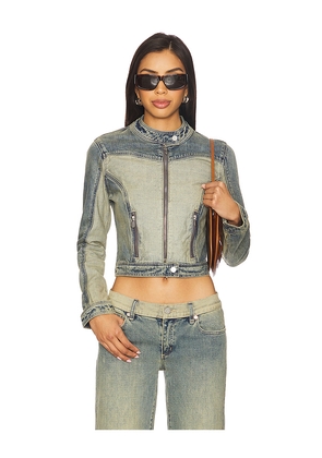 Abrand Roxie Denim Moto Jacket in Blue. Size L. Also in S, XS.