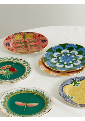 La DoubleJ - Set Of Six 20cm Gold-plated Porcelain Dessert Plates - Green - One size