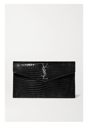 SAINT LAURENT - Uptown Croc-effect Patent-leather Pouch - Black - One size