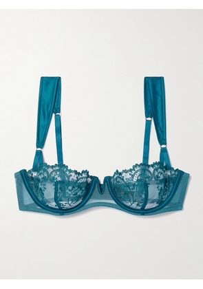 Kiki de Montparnasse - Juliette Satin-trimmed Embroidered Tulle Soft-cup Underwired Balconette Bra - Blue - 32B,34B,36B,32C,34C,36C,32D,34D,36D,34DD