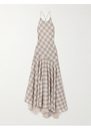 KALLMEYER - Eve Asymmetric Layered Checked Voile Maxi Dress - Brown - x small,small,medium,large,x large