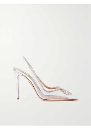 Aquazzura - Seduction 105 Crystal-embellished Metallic Leather And Pvc Slingback Pumps - Silver - IT34,IT35,IT35.5,IT36,IT36.5,IT37,IT37.5,IT38,IT38.5,IT39,IT39.5,IT40,IT40.5,IT41,IT41.5,IT42