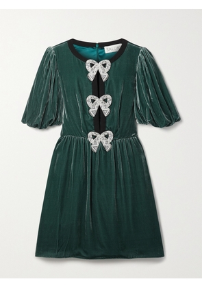 Saloni - Camille Bow-embellished Crepe-trimmed Velvet Mini Dress - Green - UK 4,UK 6,UK 8,UK 10,UK 12,UK 14,UK 16