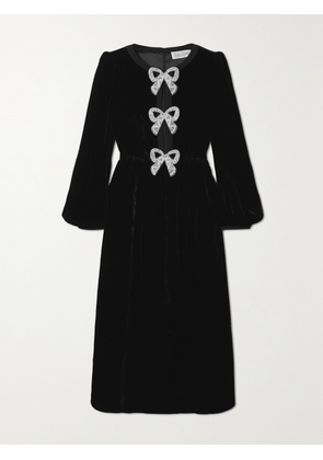 Saloni - Camille Bow-embellished Velvet Midi Dress - Black - UK 4,UK 6,UK 8,UK 10,UK 12,UK 14,UK 16