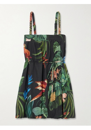 Farm Rio - Midnight Macaw Fiesta Bead-embellished Floral-print Linen-blend Mini Dress - Green - xx small,x small,small,medium,large,x large