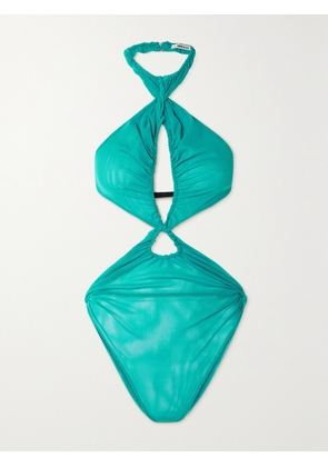 SUPRIYA LELE - Backless Cutout Ruched Mesh Halterneck Bodysuit - Blue - x small,small,medium,large