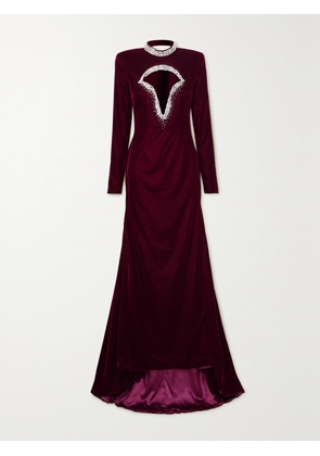 MISS SOHEE - Crystal-embellished Cutout Stretch-velvet Gown - Red - UK 6,UK 8,UK 10,UK 12