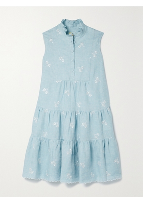 Erdem - Porto Tiered Embroidered Linen Mini Dress - Blue - UK 6,UK 8,UK 10,UK 12,UK 14,UK 16,UK 18,UK 20,UK 22