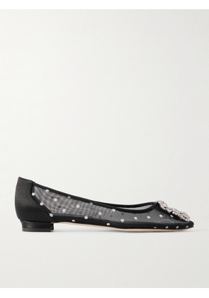 Manolo Blahnik - Hangisiflat Satin-trimmed Crystal-embellished Flocked Mesh Point-toe Ballet Flats - Black - IT35,IT36,IT36.5,IT37,IT37.5,IT38,IT38.5,IT39,IT39.5,IT40,IT40.5,IT41,IT41.5,IT42,IT43