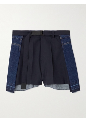 Sacai - Belted Pleated Denim And Shell Shorts - Blue - 1,2,3,4