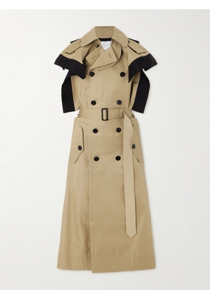 Sacai - Belted Double-breasted Silk-blend Trimmed Cotton-blend Gabardine Midi Dress - Neutrals - 1,2,3
