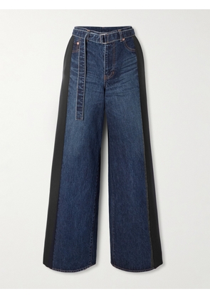 Sacai - Belted Wool-blend Trimmed Denim Wide-leg Pants - Blue - 1,2,3,4