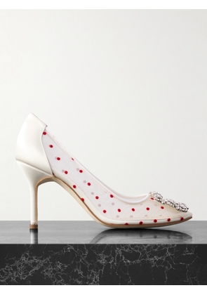 Manolo Blahnik - Hangisi 90 Satin-trimmed Crystal-embellished Flocked Mesh Pumps - White - IT36,IT36.5,IT37,IT37.5,IT38,IT38.5,IT39,IT39.5,IT40,IT40.5,IT41,IT41.5,IT42
