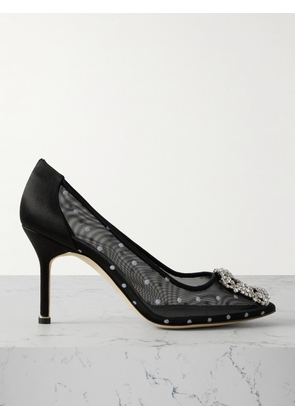 Manolo Blahnik - Hangisi 90 Satin-trimmed Crystal-embellished Flocked Mesh Pumps - Black - IT36,IT36.5,IT37,IT37.5,IT38,IT38.5,IT39,IT39.5,IT40,IT40.5,IT41,IT41.5,IT42