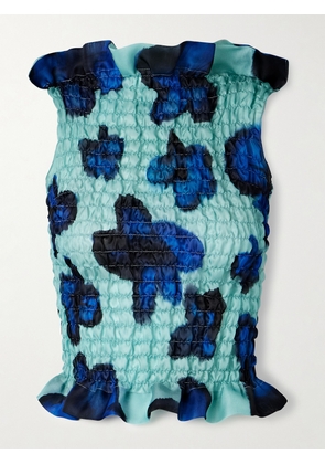 Conner Ives - Ruffled Shirred Floral-print Silk-satin Top - Blue - x small,small,medium,large