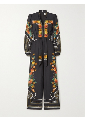 Saloni - Bryce Belted Printed Crepe Jumpsuit - Black - UK 4,UK 6,UK 8,UK 10,UK 12,UK 14,UK 16